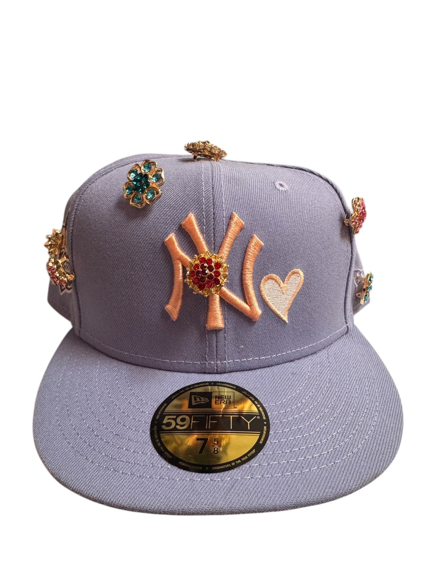 New York Yankees Bejeweled New Era Fitted Size 7 5/8 Light Blue / Peach